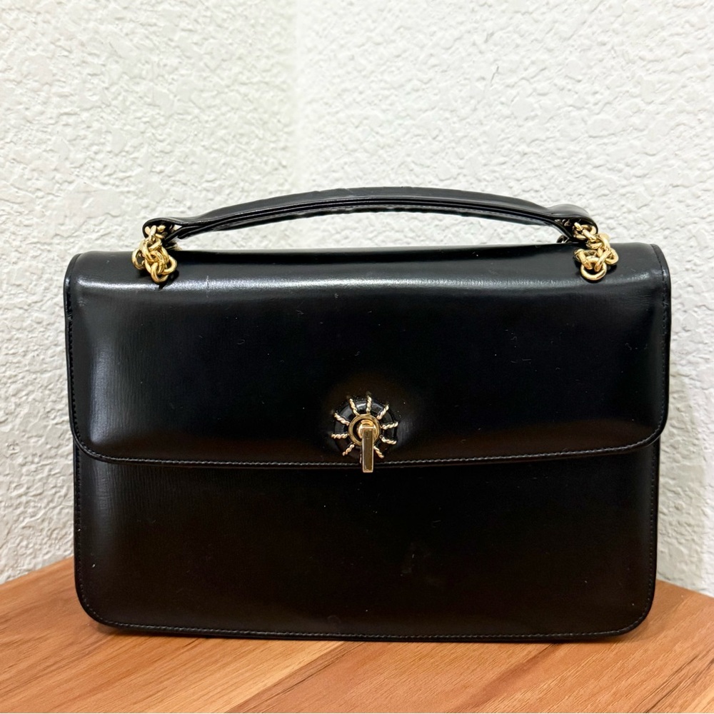 Vintage BIENEN DAVIS Black Leather Sunburst Clasp Gold Chain Structured Handbag
